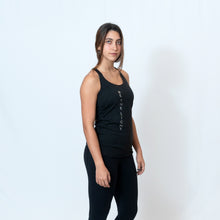 Load image into Gallery viewer, Vintage Black Racerback Tank with Raw Hem Look and Be the Light Down the Front
