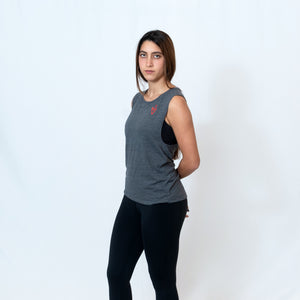 Scoop Muscle Tank in Gray Slub with Ari Heart Design on the Front in Red and Be the Light Design on the Back in Red