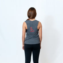 Load image into Gallery viewer, Rear View Scoop Muscle Tank in Gray Slub with Ari Heart Design on the Front in Red and Be the Light Design on the Back in Red
