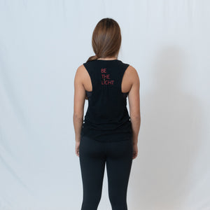 Rear View Scoop Muscle Tank in Black Slub with Ari Heart Design on the Front in Red and Be the Light Design on the Back in Red