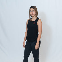 Load image into Gallery viewer, Scoop Muscle Tank in Black Slub with Ari Heart Design on the Front in Red and Be the Light Design on the Back in Red
