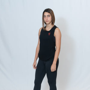 Scoop Muscle Tank in Black Slub with Ari Heart Design on the Front in Red and Be the Light Design on the Back in Red