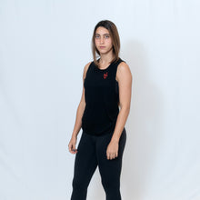 Load image into Gallery viewer, Scoop Muscle Tank in Black with Ari Heart Design on the Front in Red and Be the Light Design on the Back in Red
