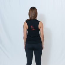 Load image into Gallery viewer, Rear View Scoop Muscle Tank in Black with Ari Heart Design on the Front in Red and Be the Light Design on the Back in Red
