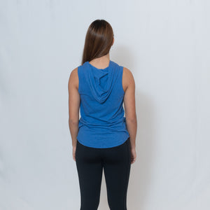 Rear View Royal Frost Blue Sleeveless Hoodie with Be the Light Down the Left Shoulder