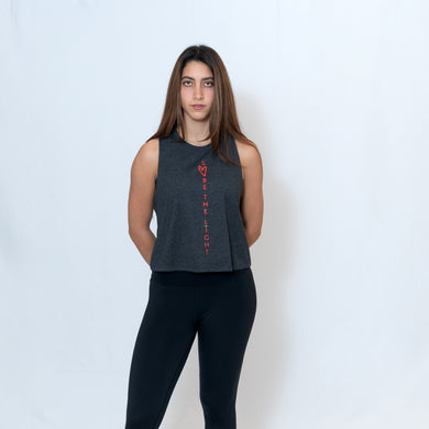 Gray Heather Cropped Racerback Tank Top with Ari Heart and Be the Light Design in Red