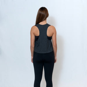 Rear View Gray Heather Cropped Racerback Tank Top with Ari Heart and Be the Light Design in Red