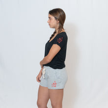 Load image into Gallery viewer, Ladies Oxford Gray Rally Shorts with Ari Heart in Red Writing on Left Thigh
