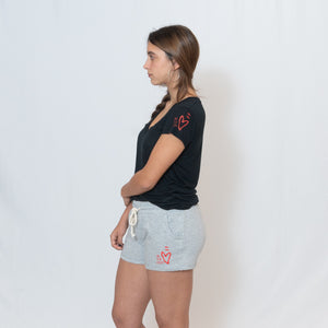Ladies Oxford Gray Rally Shorts with Ari Heart in Red Writing on Left Thigh