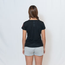 Load image into Gallery viewer, Rear View Black V-neck Jersey Tshirt with Ari Heart and Be the Light Design on the Left Sleeve
