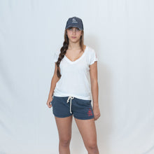 Load image into Gallery viewer, Ladies Navy Rally Shorts with Ari Heart in Red Writing on Left Thigh

