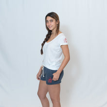 Load image into Gallery viewer, White V-neck Jersey Tshirt with Ari Heart and Be the Light Design on the Left Sleeve
