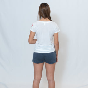Rear View White V-neck Jersey Tshirt with Ari Heart and Be the Light Design on the Left Sleeve