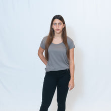 Load image into Gallery viewer, Nickel Gray Wide Neck T-shirt with Ari&#39;s Heart in Red on Left Shoulder
