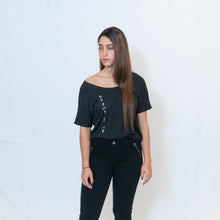 Load image into Gallery viewer, Charcoal Black Slouchy Fit T-Shirt with Be the Light Vertical Design on Front

