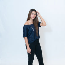 Load image into Gallery viewer, Midnight Blue Slouchy Fit T-Shirt with Be the Light Vertical Design on Front
