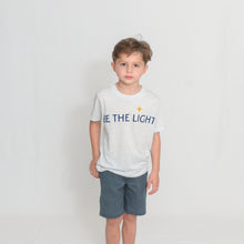 Load image into Gallery viewer, White Heather Youth Size T-Shirt with Be the Light Design in Blue Across the Chest
