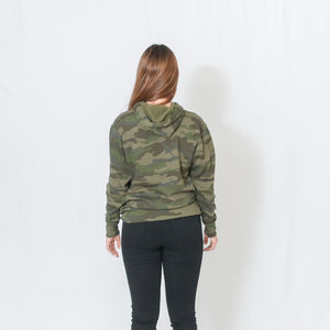 Rear View Be the Light White Text Unisex Lightweight Camo Hoodie with Kangaroo Pocket