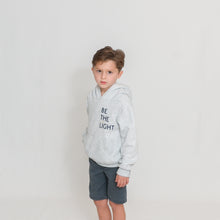 Load image into Gallery viewer, Youth Athletic Heather Hooded Sweatshirt with Be the Light Design on Chest

