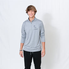Load image into Gallery viewer, Athletic Heather Gray Long Sleeve Quarter Zip Top with Be the Light Design on Chest
