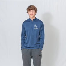 Load image into Gallery viewer, Dark Navy Long Sleeve Quarter Zip Top with Be the Light Design on Chest
