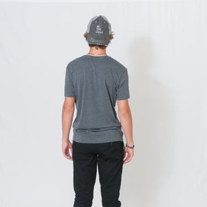 Rear View Charcoal Gray Short Sleeve Unisex T-Shirt with Ari's Heart and Be the Light Design in Red on Left Sleeve